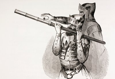 Zwei Soldaten des 15. Jahrhunderts mit einer Handfeuerwaffe oder einem Feuerstab, aus 